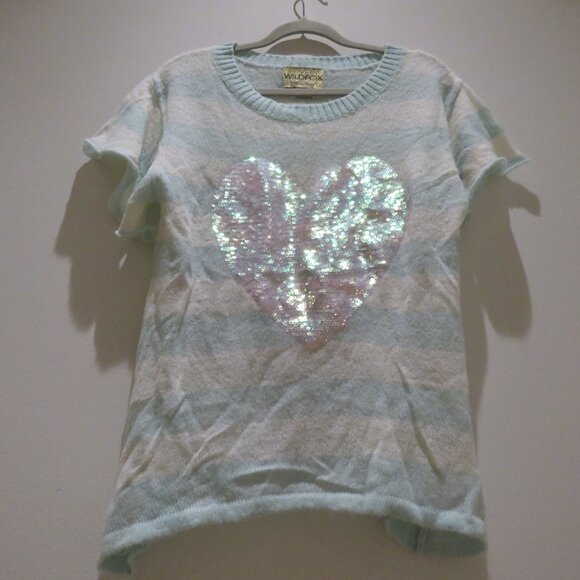 WILDFOX White Label Bridgette Heart Lake House Striped Sequin Sweater Aqua White - Picture 9 of 15